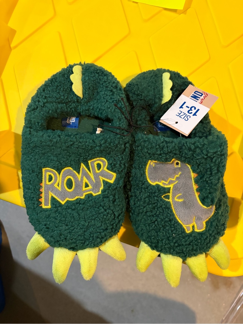 Kids Green Dino 'Roar' Plush Slippers - Size 13-1